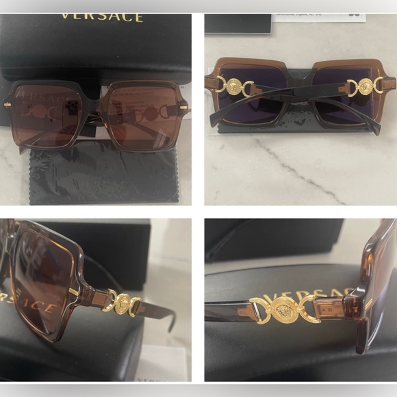 VERSACE LOGO MEDALLIONS FOR A SIGNATURE STATEMENT ON TRANSPARENT BROWN SUNNIES - Picture 12 of 16